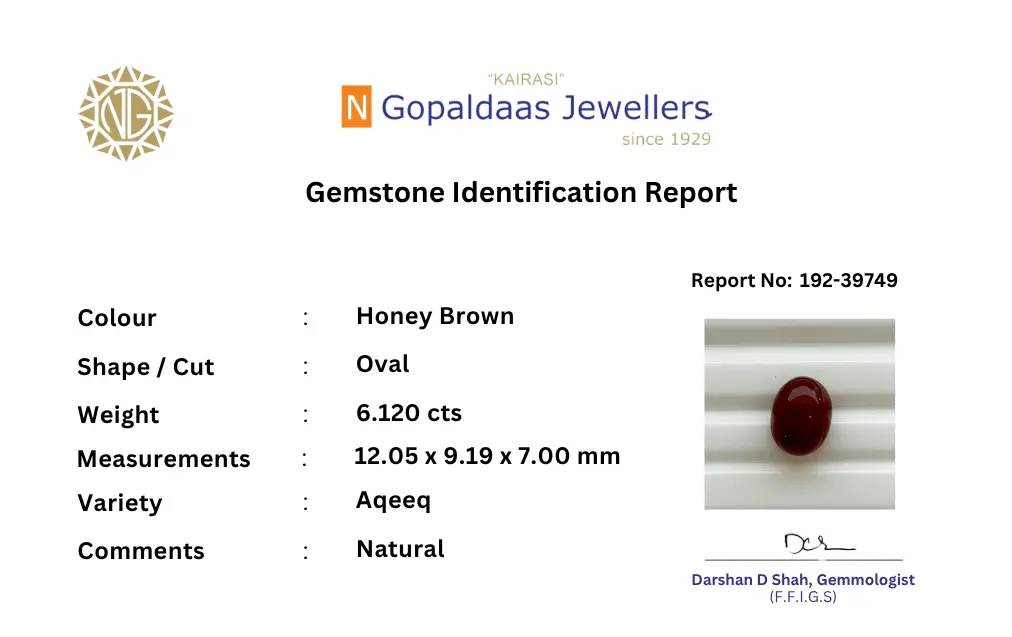 192-39749 1 - N Gopaldaas Jewellers aqeeq certificate
