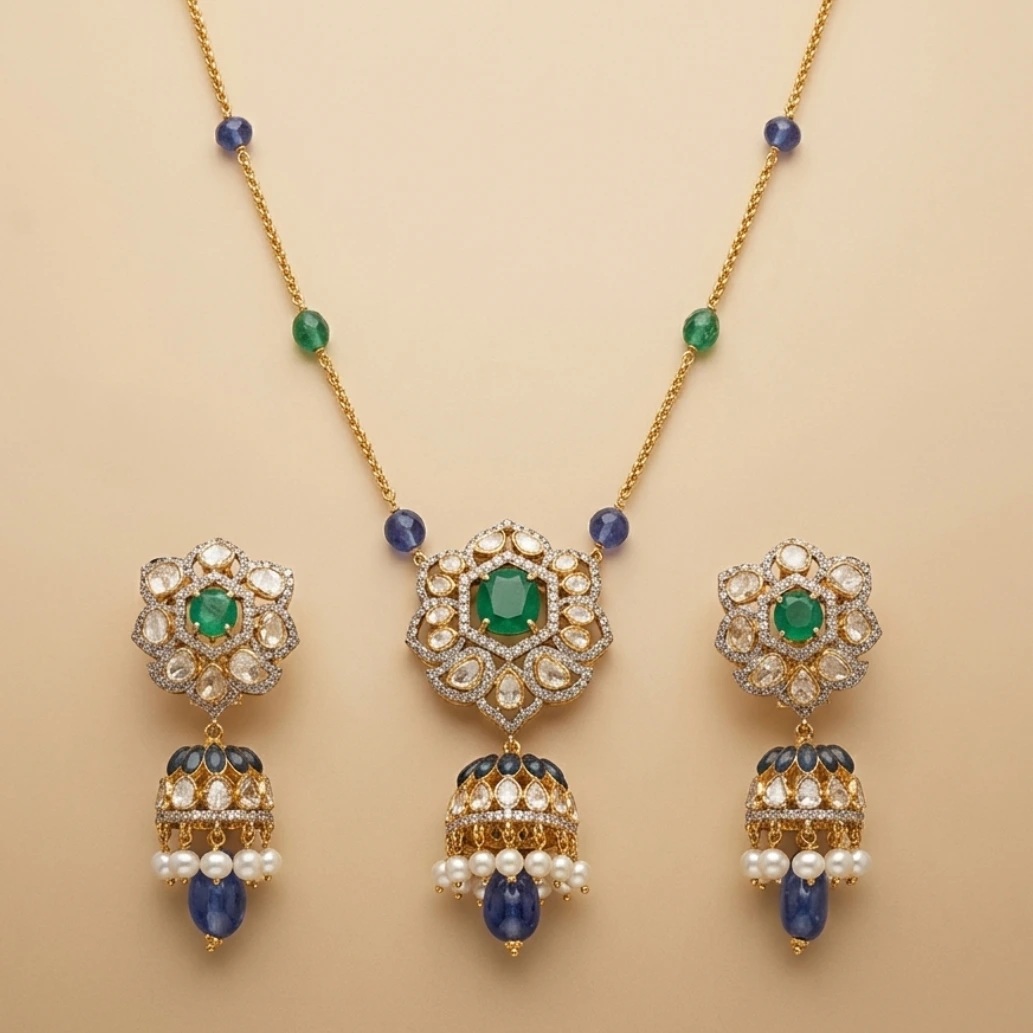 Ornate gold jewelry set featuring a central green gemstone with surrounding clear stones; includes a matching necklace with blue and green beads and three pendant earrings with pearl drops.