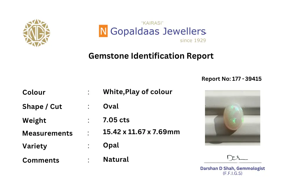 Natural Opal certificate