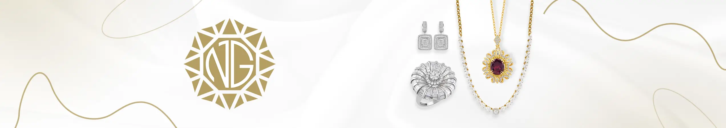 Gold and silver jewelry set on a white satin background with a geometric gold logo, featuring earrings, a ring, and a pendant necklace