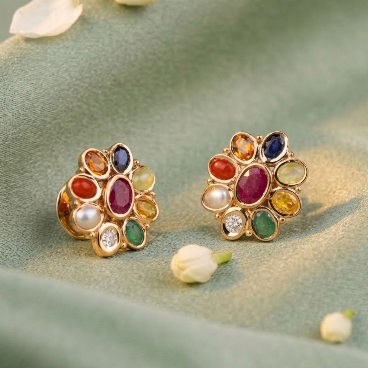 Gold-tone flower-shaped earrings with multicolored gemstones on green fabric.