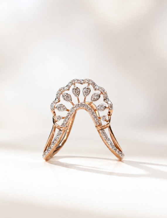 Rose gold engagement ring with a crown-like diamond halo and pavé band