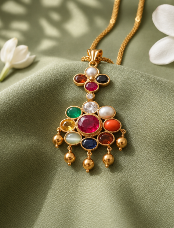 Gold pendant necklace with multicolored gemstones arranged in a floral cluster on olive satin fabric