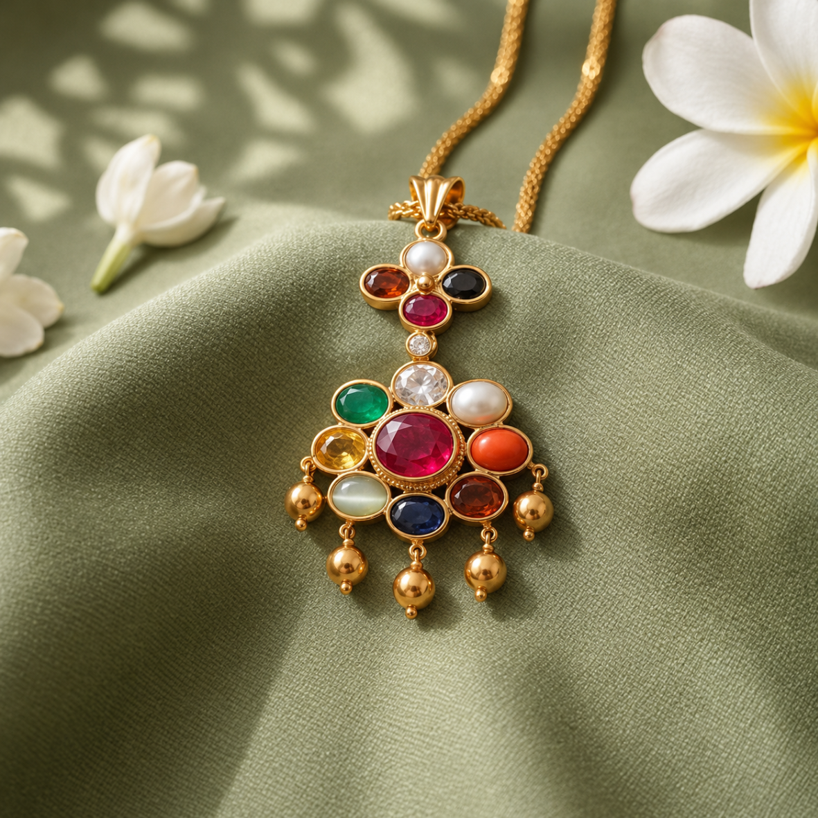 Gold pendant necklace with multicolored gemstones arranged in a floral cluster on olive satin fabric