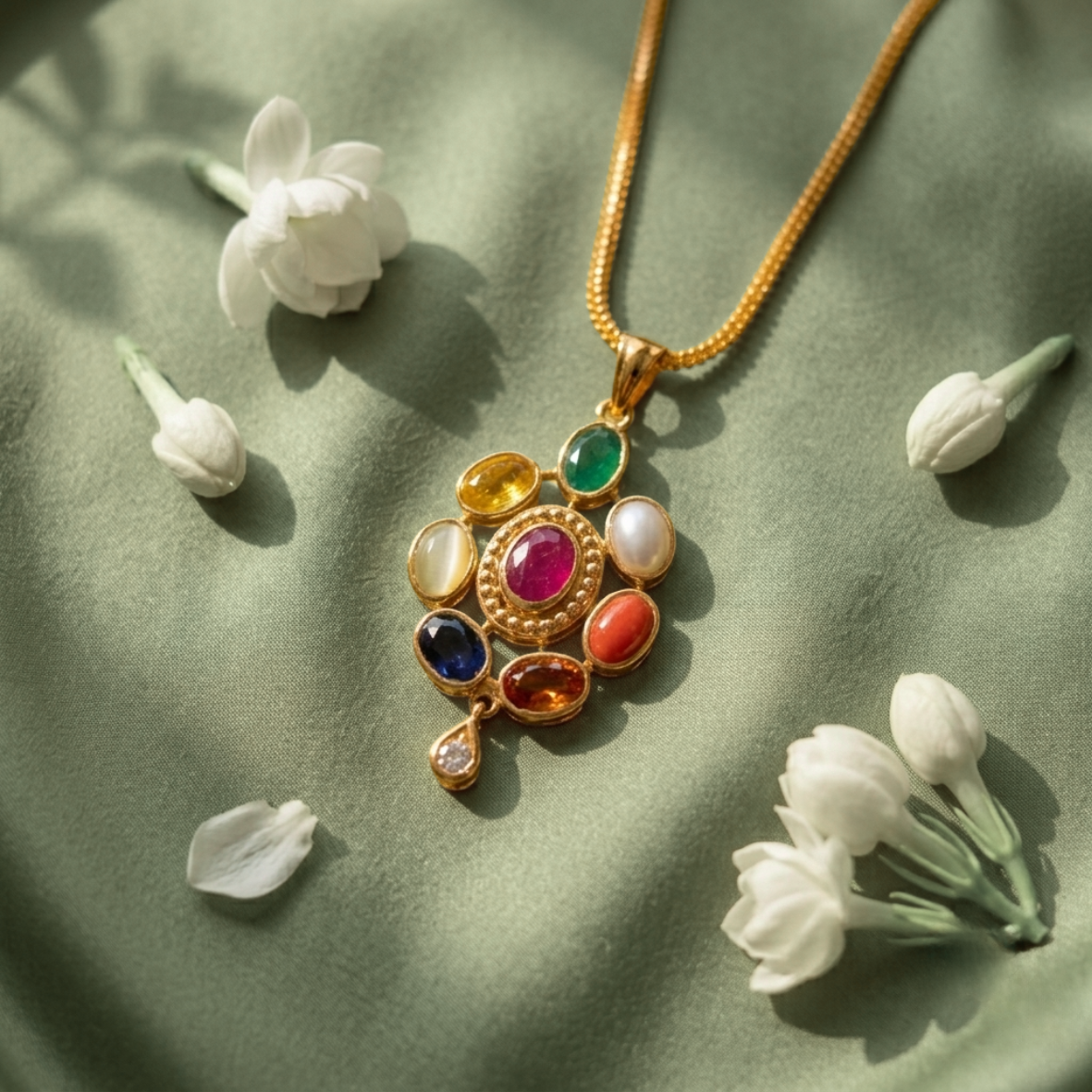 Gold pendant necklace featuring a cluster of multicolored gemstones on a gold chain, set on soft sage-green fabric with white flowers nearby.