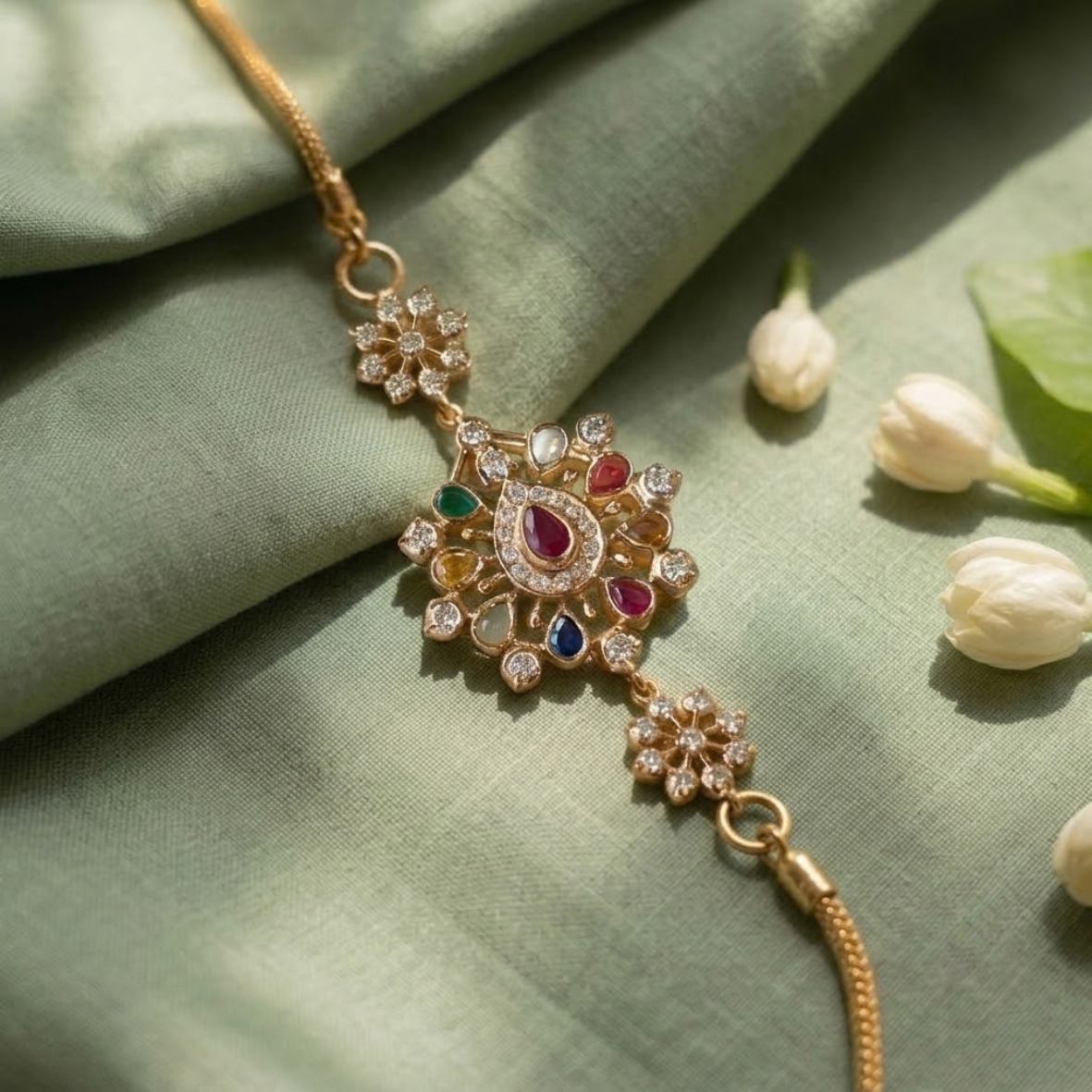 Gold-tone bracelet with a central flower-shaped pendant encrusted with small diamonds and multicolored gemstones on a green fabric backdrop.