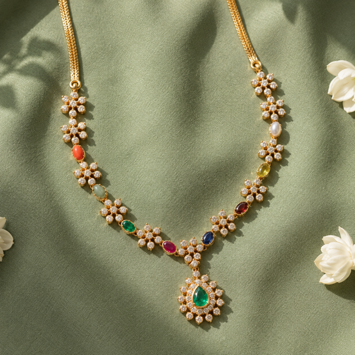 Gold necklace with flower-shaped diamond clusters and multicolored gems on a green fabric backdrop, pendant featuring a green teardrop emerald.