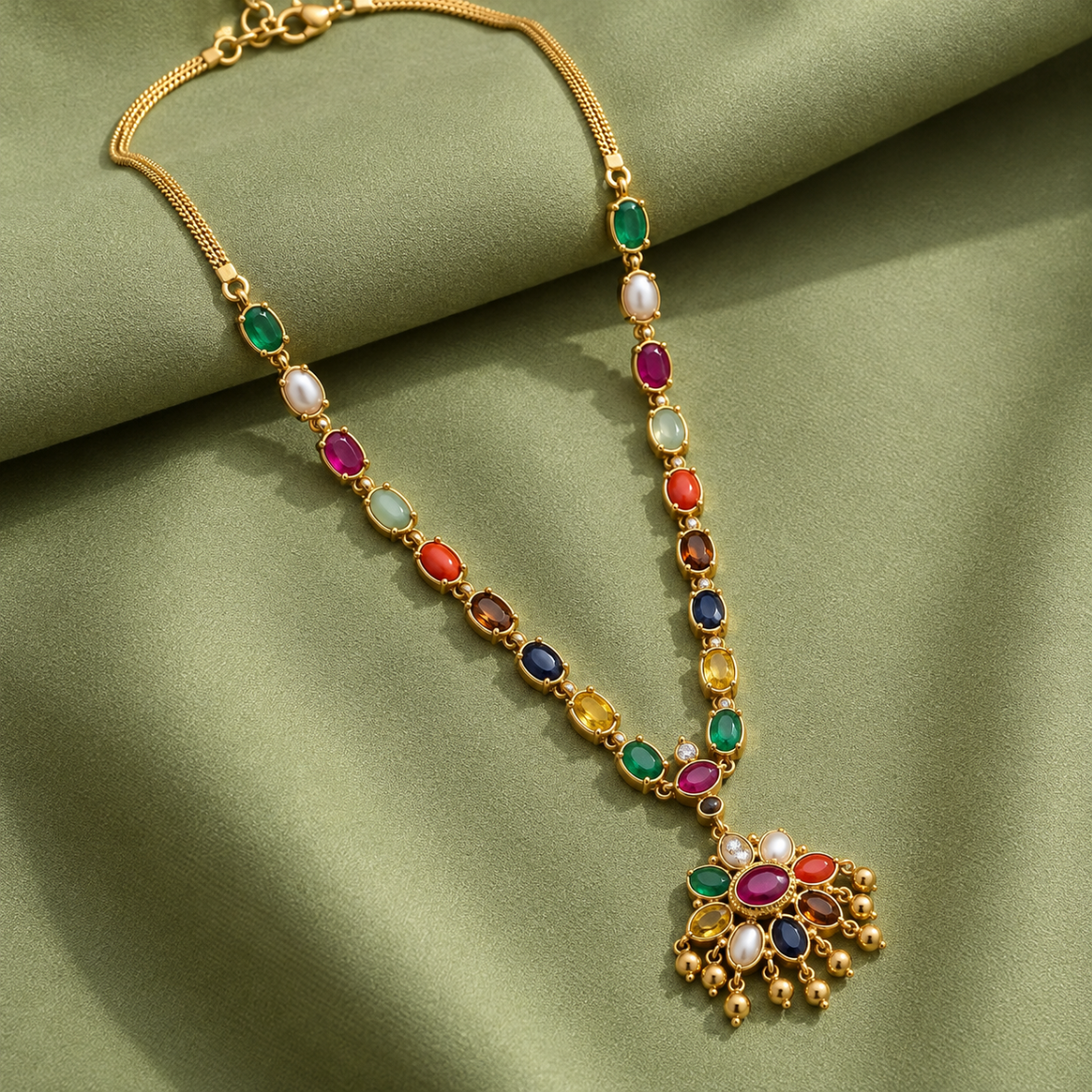 Gold necklace with a multicolored gemstone pendant laid on green satin fabric.