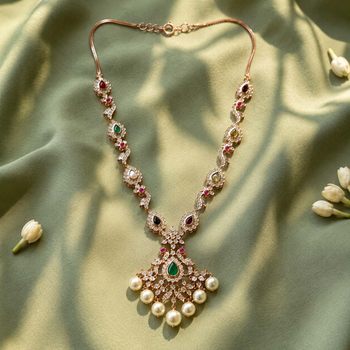 Intricate gold-tone necklace with colorful gemstones and pearl fringe displayed on green satin fabric
