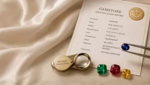 Gemstone identification report with a blue gem being examined by tweezers, a ring with a 'Precision Verification' tag, and four loose green, red, and yellow stones on satin fabric.