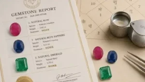 gopal-daas-1 1 - N Gopaldaas Jewellers Gemstone report page listing natural ruby, blue sapphire, and emerald with weights, beside loose gems and jewelry tools.